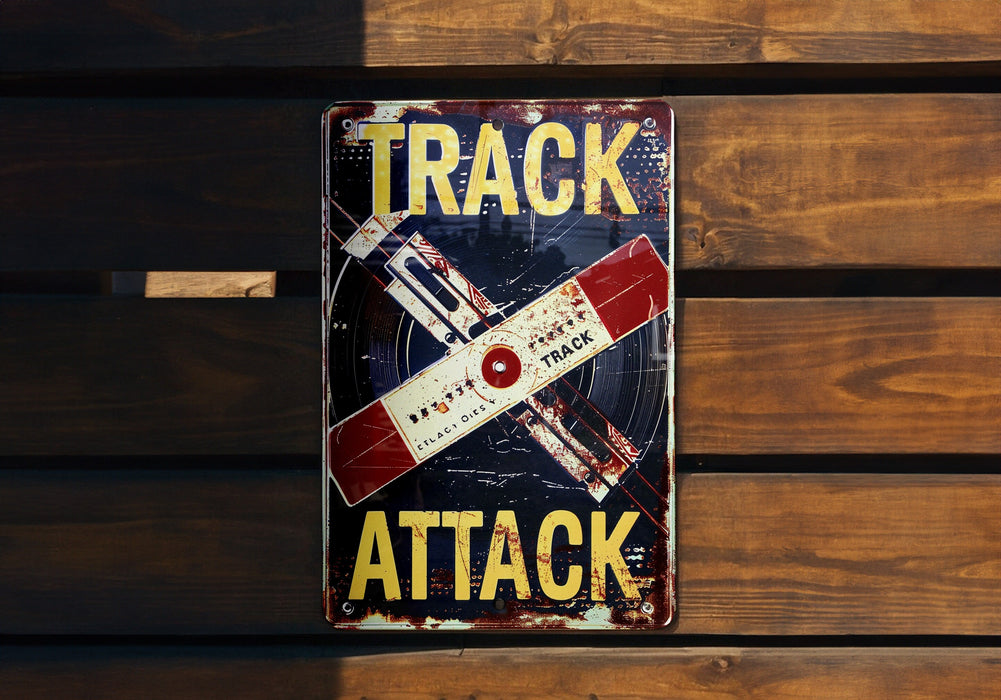 a sign on a wooden wall that says track attack
