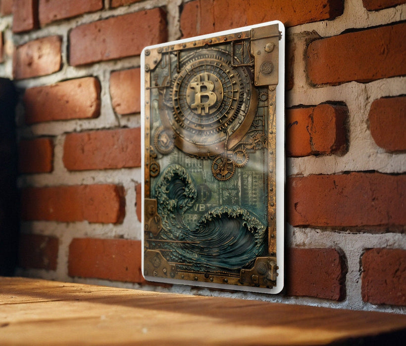 a bitcoin sign mounted to a brick wall