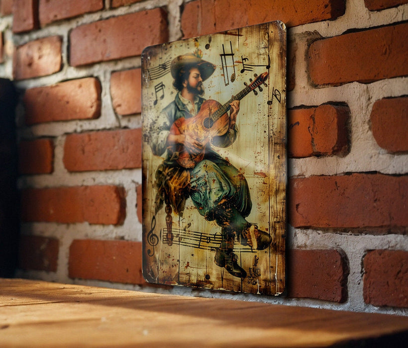a picture of a man playing a guitar on a brick wall