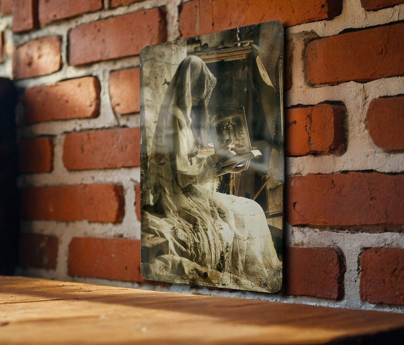 a brick wall with a picture hanging on it