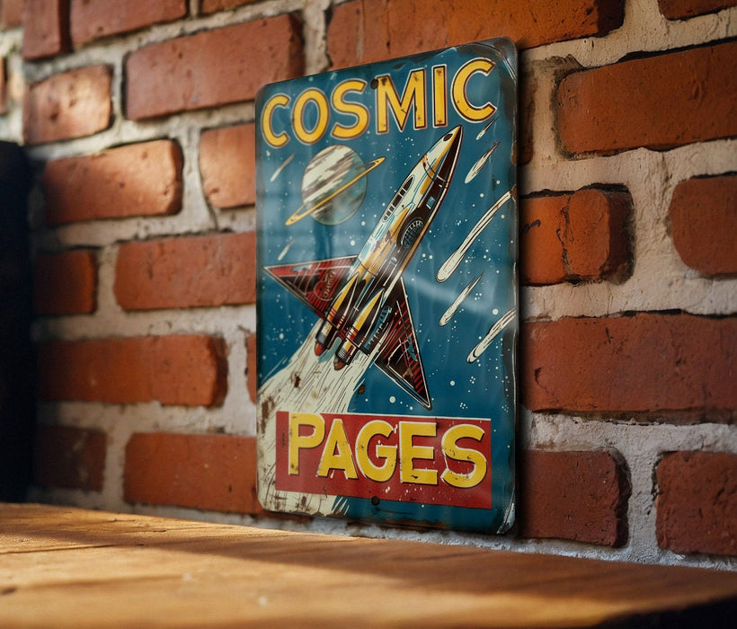 a sign on a brick wall that says cosmic pages