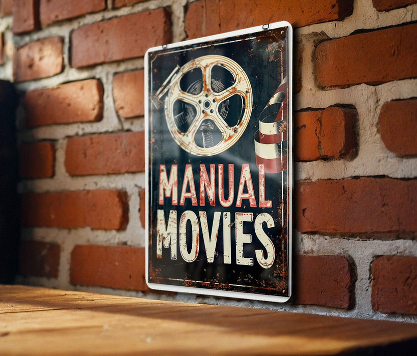 a sign on a brick wall that says manual movies