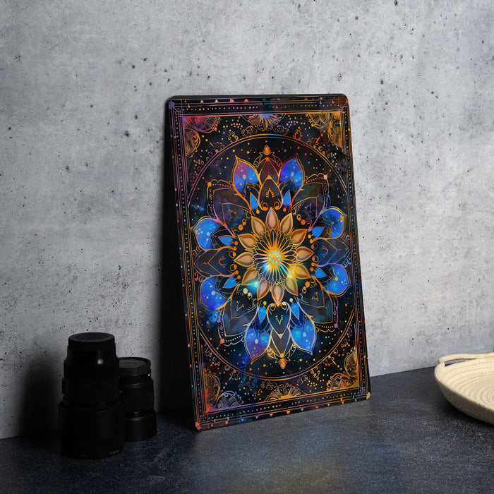 a painting on a table next to a pair of binoculars