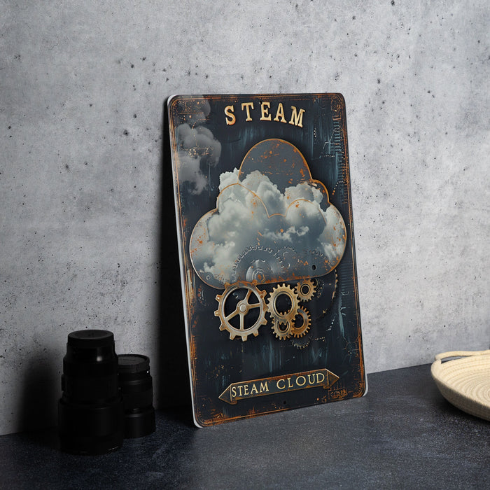 a metal sign with a steam cloud on it
