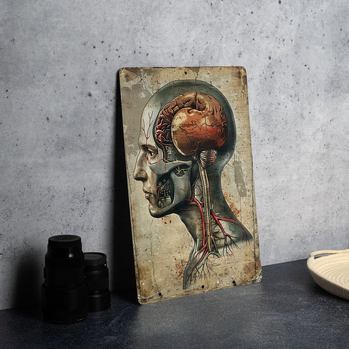 a painting of a human head on a table