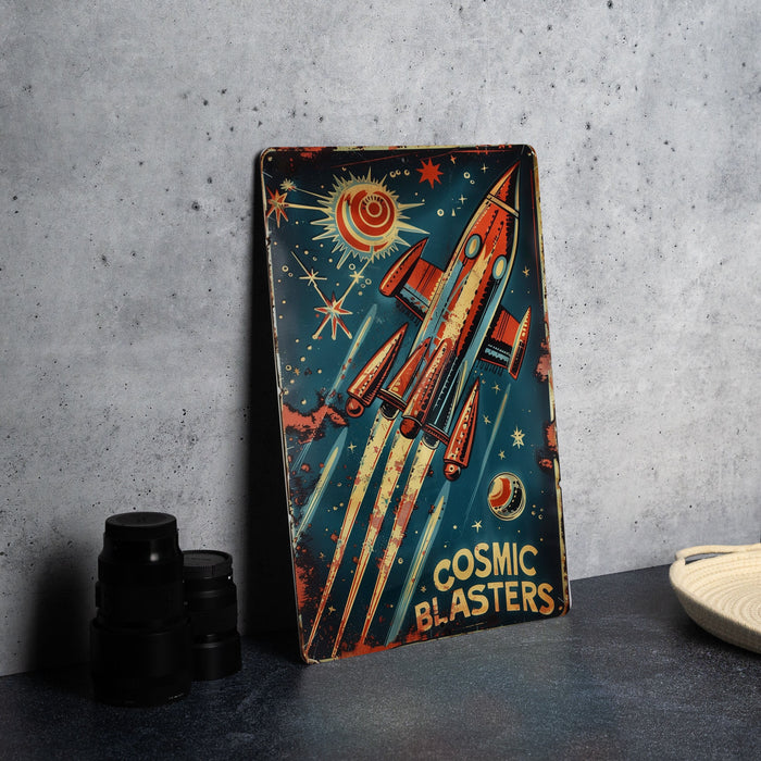 a picture of a metal sign with a rocket on it