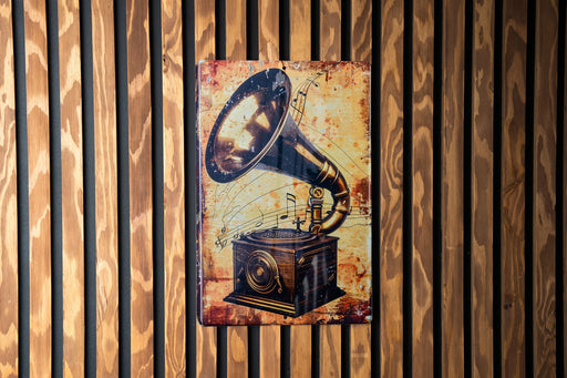 a painting of a record player on a wooden wall