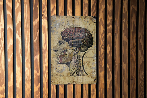a painting of a human head on a wooden wall