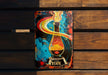 a painting of a bottle of liquid on a wooden bench