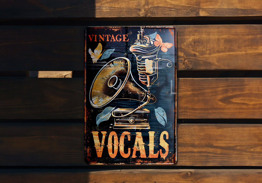 a sign on a wooden bench that says vintage vocal
