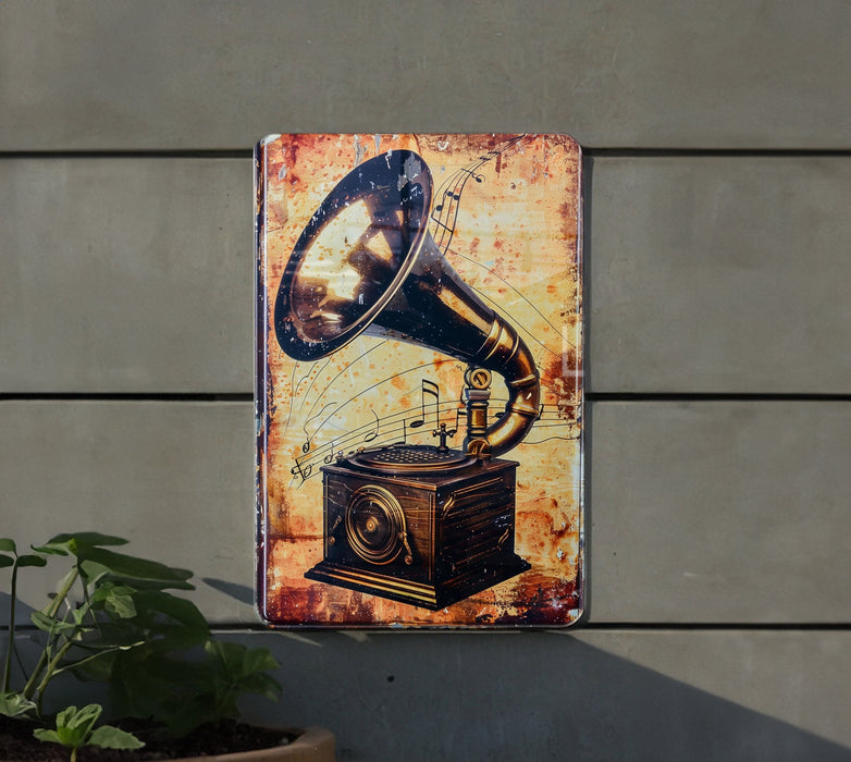 a painting of a record player on a wall