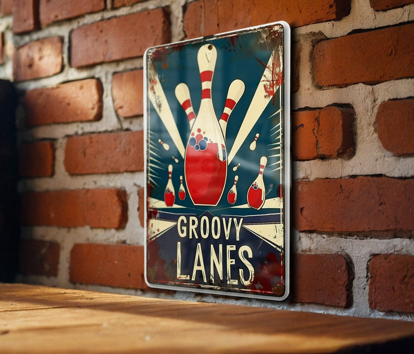 a sign on a brick wall that says groovy lanes