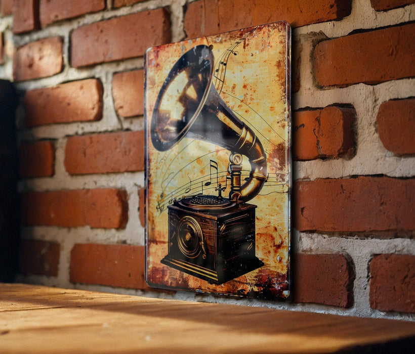 a picture of a record player on a brick wall