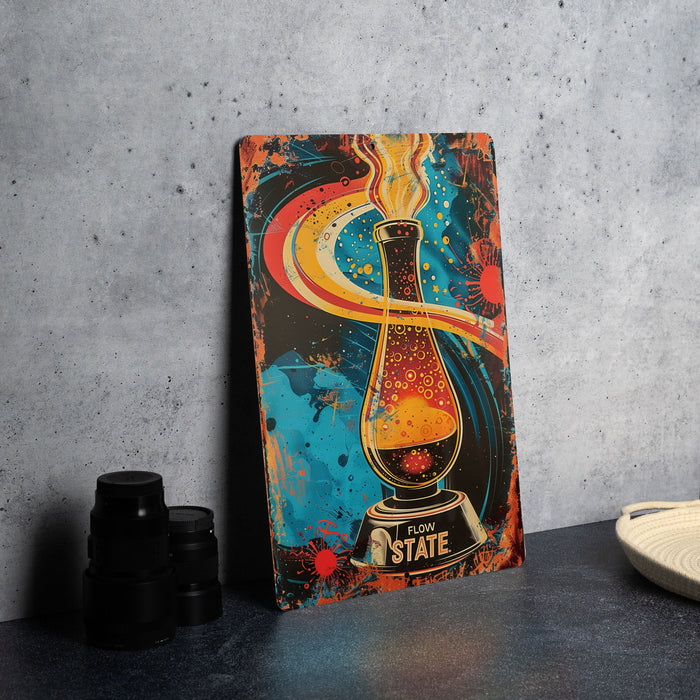 a painting on a table next to a plate of food