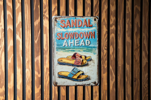 a sign on a wooden wall that says sandal slowdown ahead