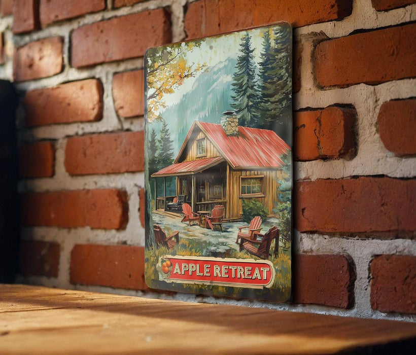 a painting of a cabin on a brick wall