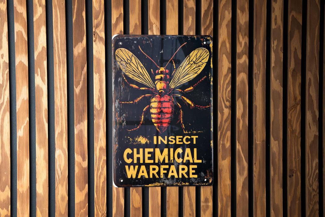 a sign on a wooden wall that says insect chemical warfare