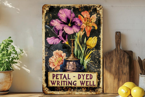 a painting of flowers on a shelf next to a potted plant