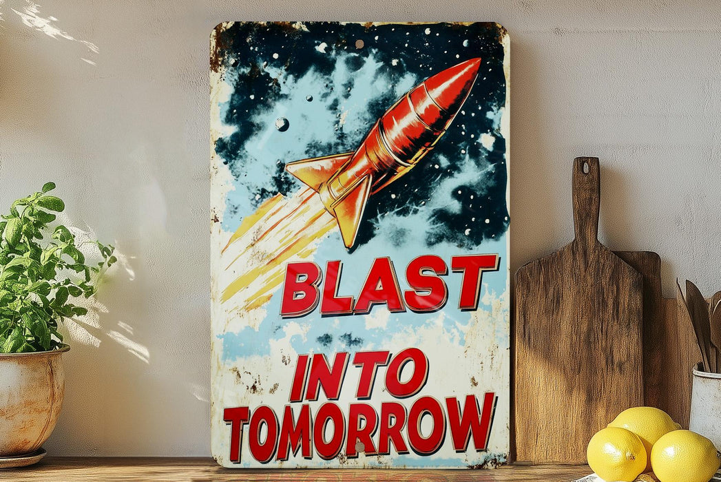a sign that says blast into tomorrow on it