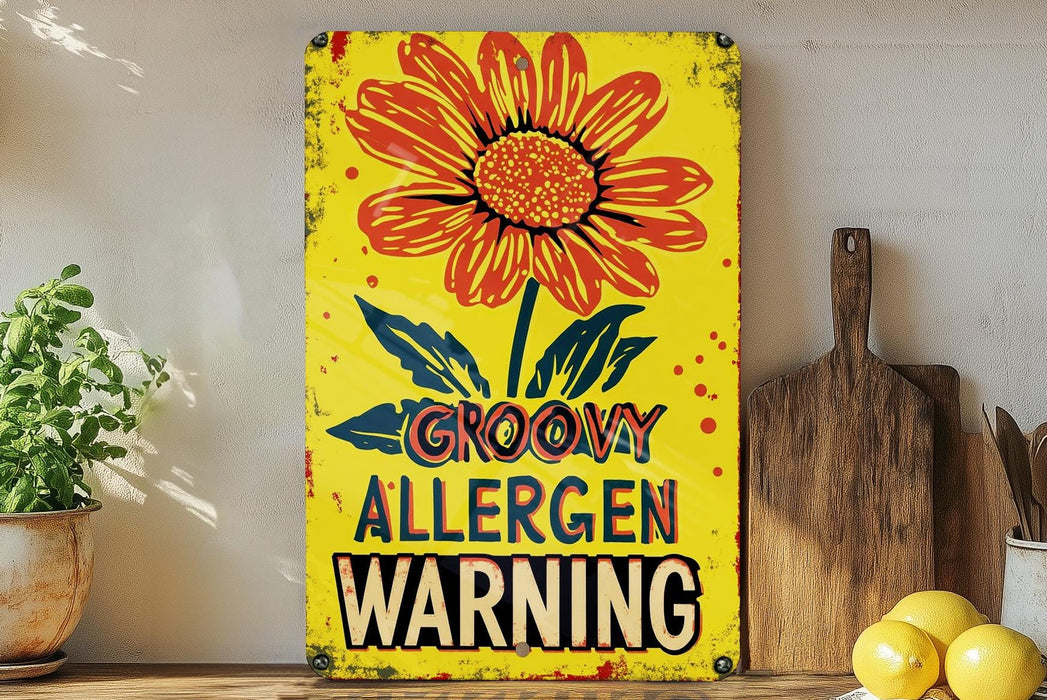 a yellow sign that says groovy allergen warning