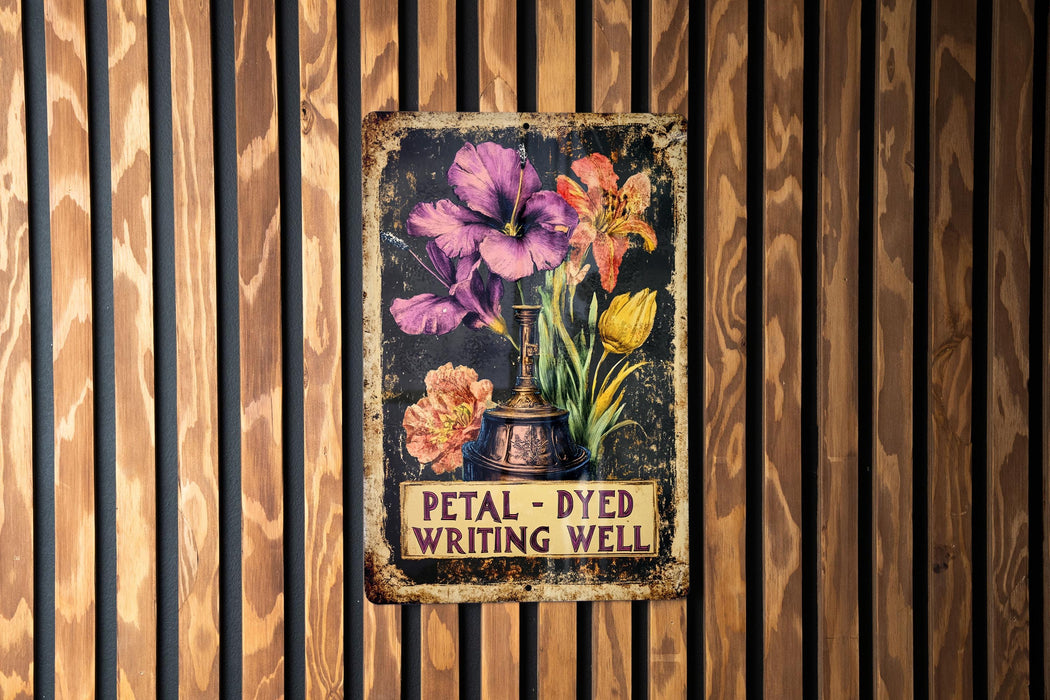 a sign on a wooden wall that says petal - dyed writing well