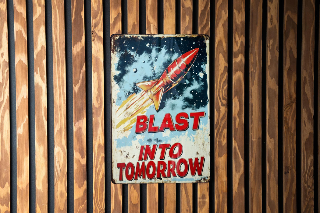 a sign on a wall that says blast into tomorrow