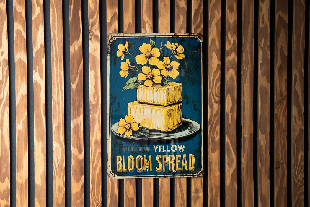 a sign on a wooden wall that says yellow bloom spread