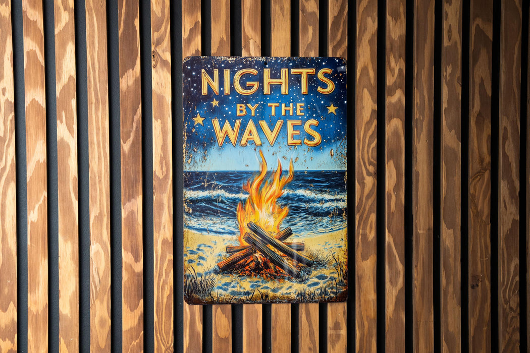 a sign on a wooden wall that says nights by the waves