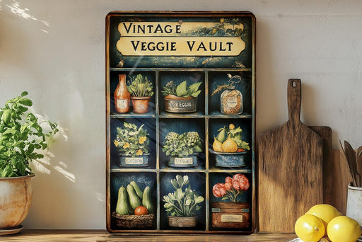 a picture of a vintage veggie vault on a shelf