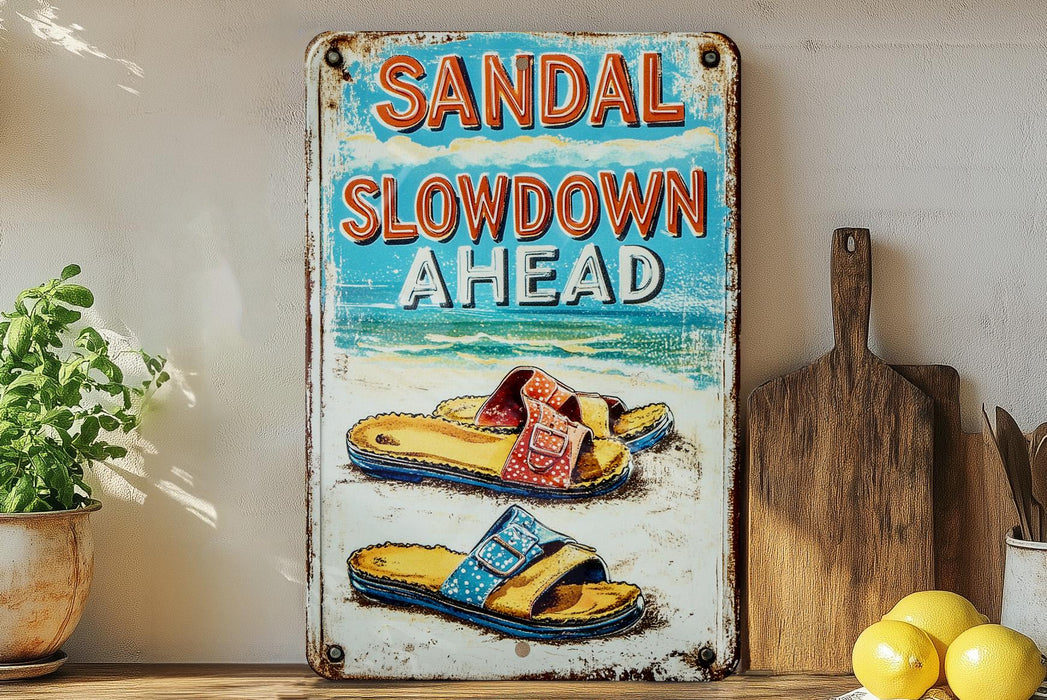 a sign on a shelf that says sandal slowdown ahead