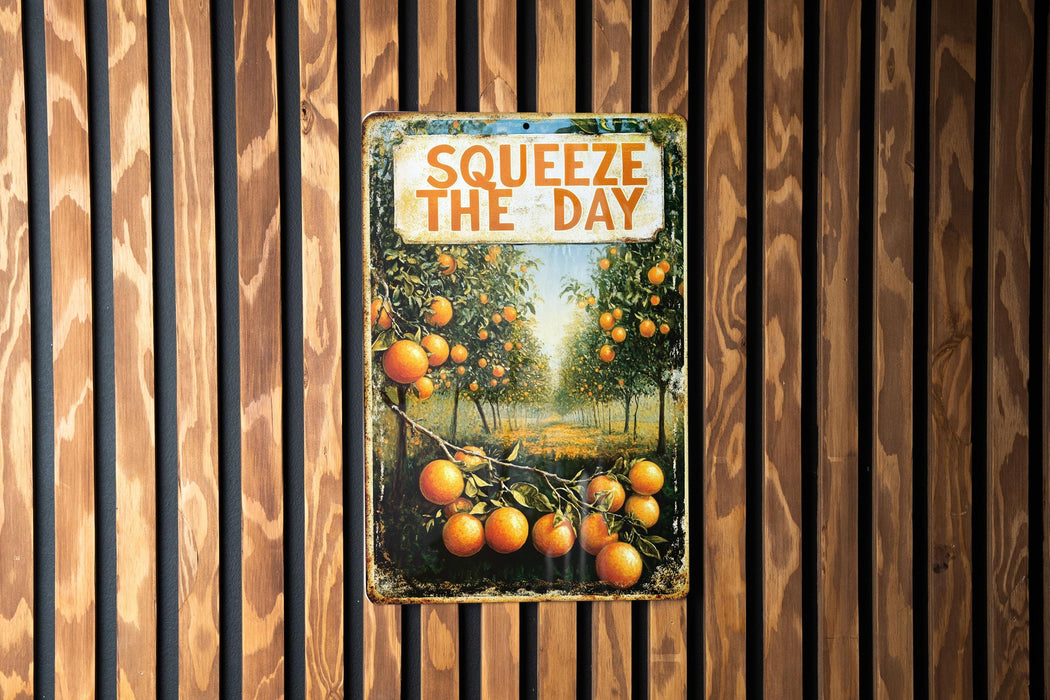 a book about squeeze the day hanging on a wall