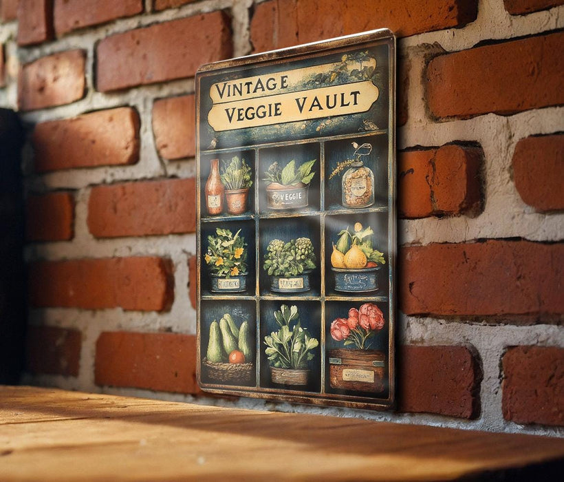 a vintage veggie vault sign on a brick wall