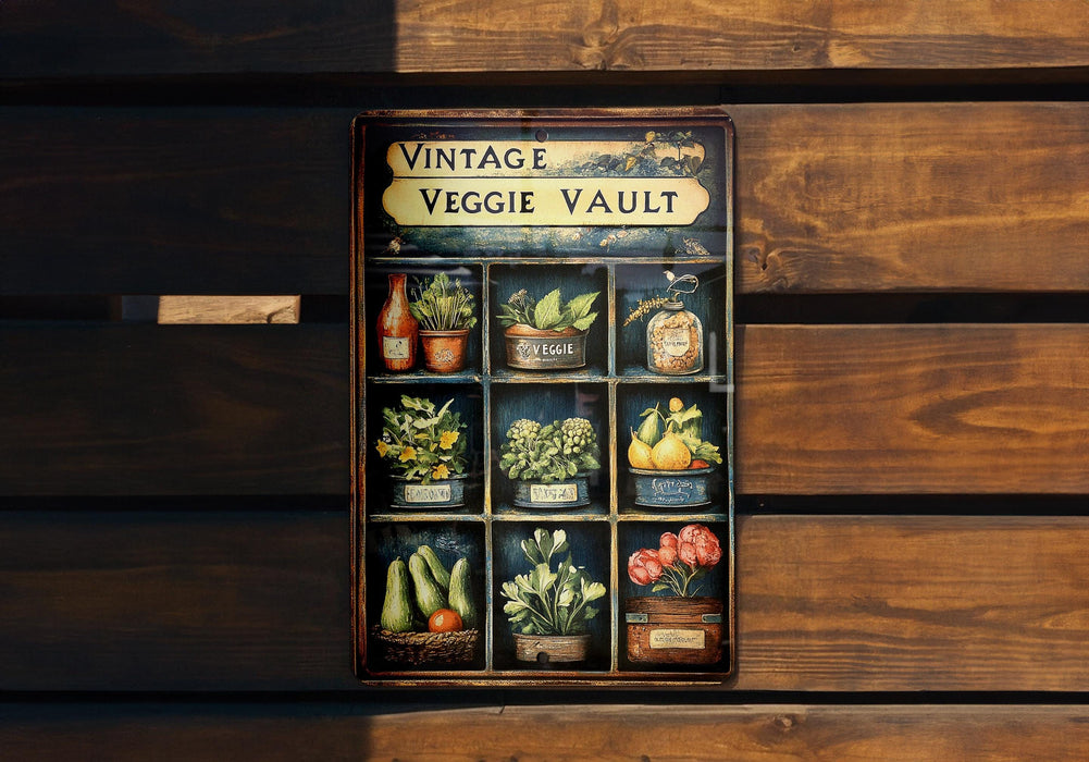 a vintage veggie vault on display on a wooden wall