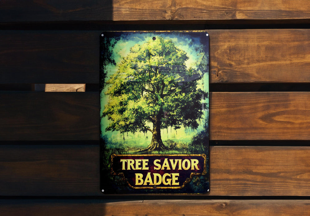a tree savor badge hanging on a wooden wall