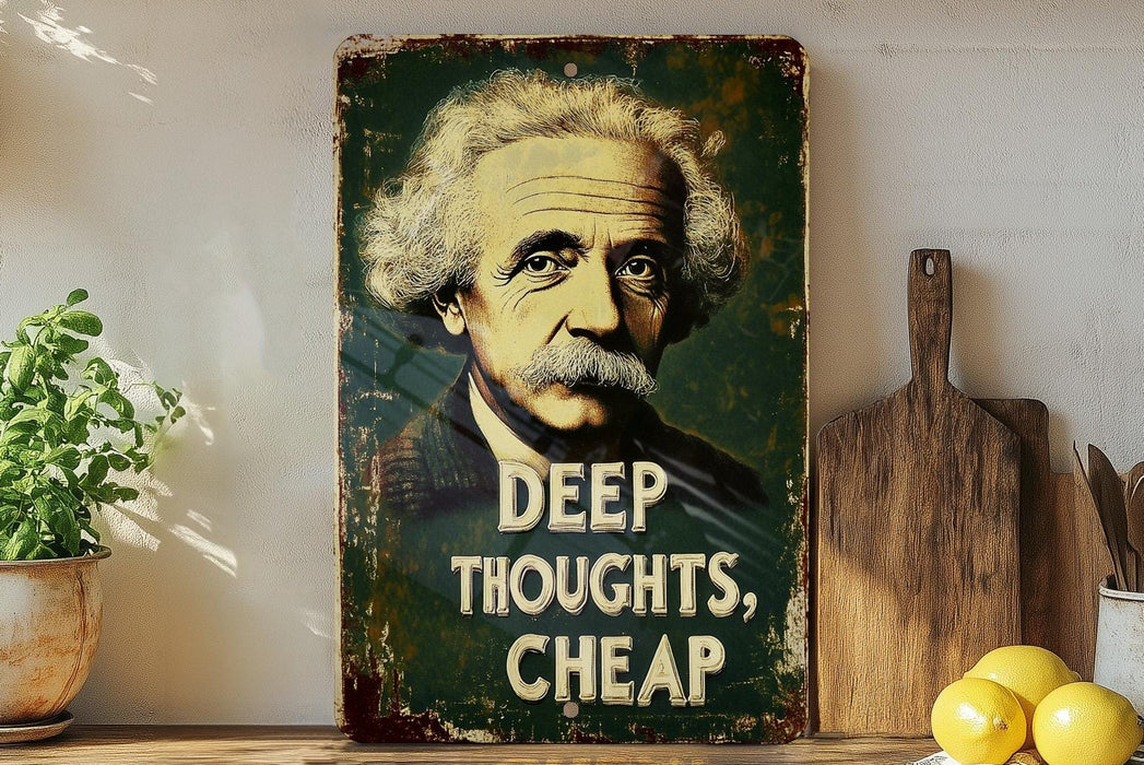 a painting of a man's face with the words deep thoughts, cheap