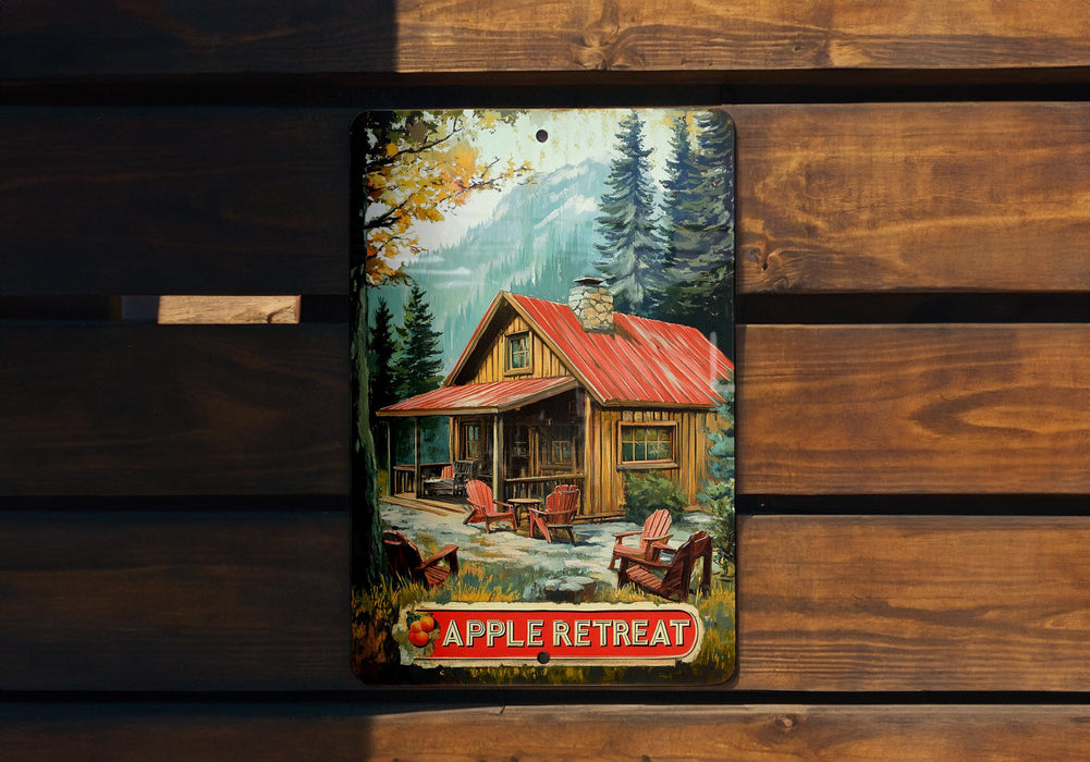 a painting of a cabin on a wooden wall