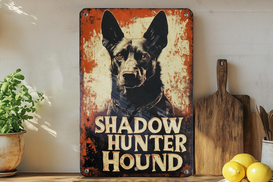 a picture of a black dog on a rusted metal sign