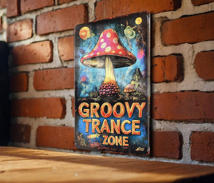 a sign on a brick wall that says grooy trance zone