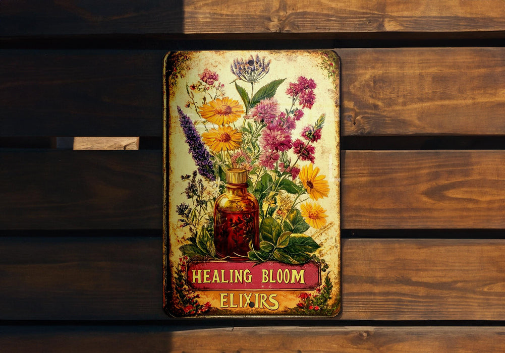 a wooden bench with a sign that says healing bloom elixis