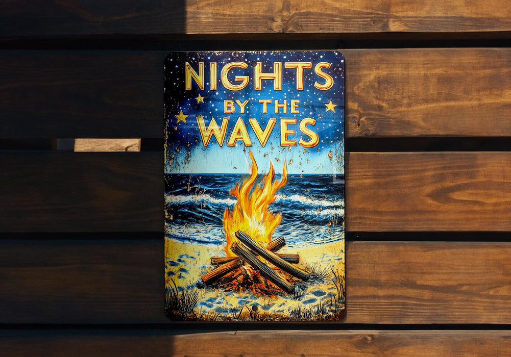 a sign that reads nights by the waves on a wooden bench