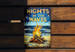 a sign that reads nights by the waves on a wooden bench
