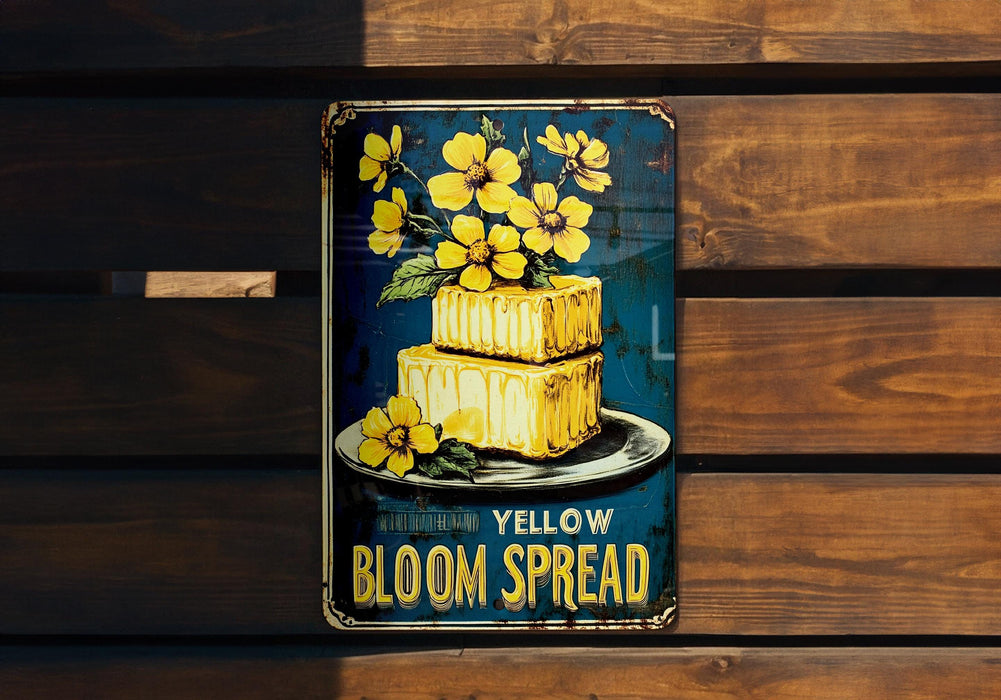 a metal sign with yellow flowers on it