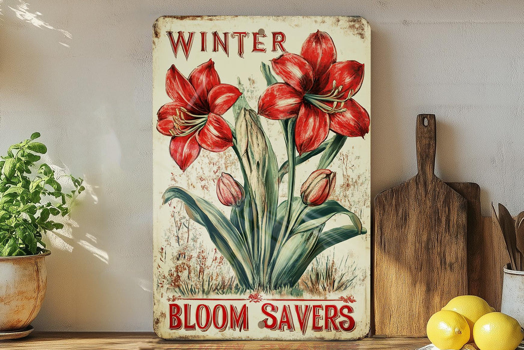 a sign that says winter bloom savers on a shelf