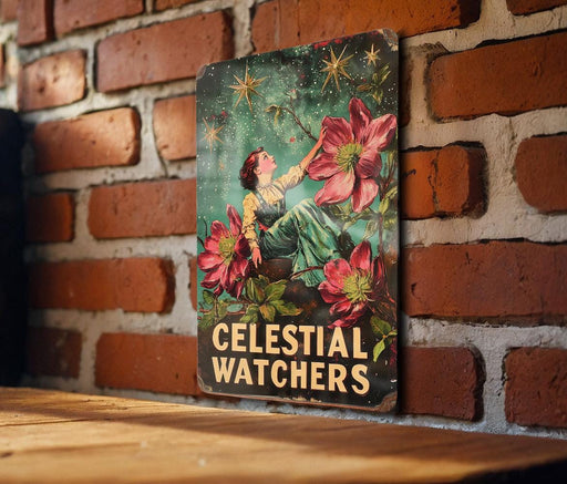 a sign on a brick wall that says celestial watchers