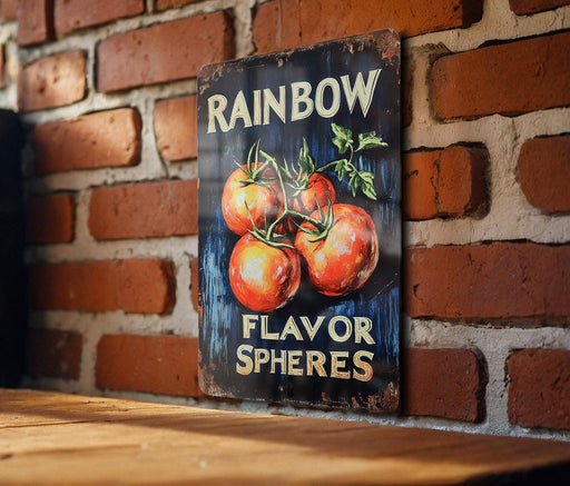 a sign on a brick wall that says rainbow flavored tomatoes