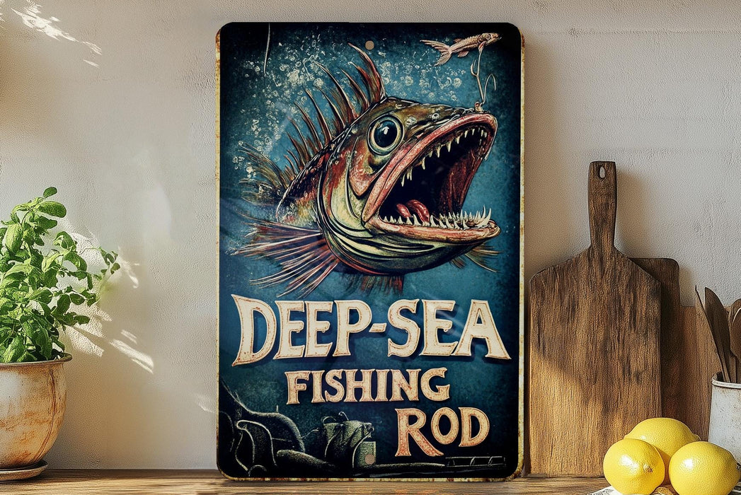 a sign advertising deep sea fishing rod on a shelf