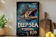 a sign advertising deep sea fishing rod on a shelf