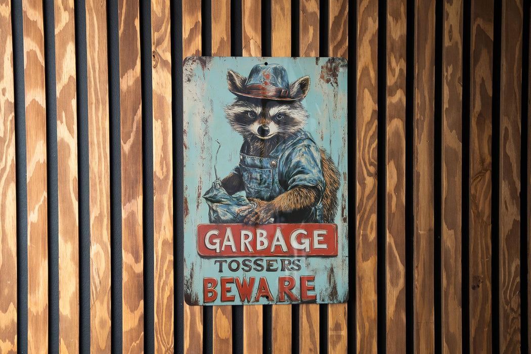 a raccoon wearing a cowboy hat and overalls sits on a garage sign