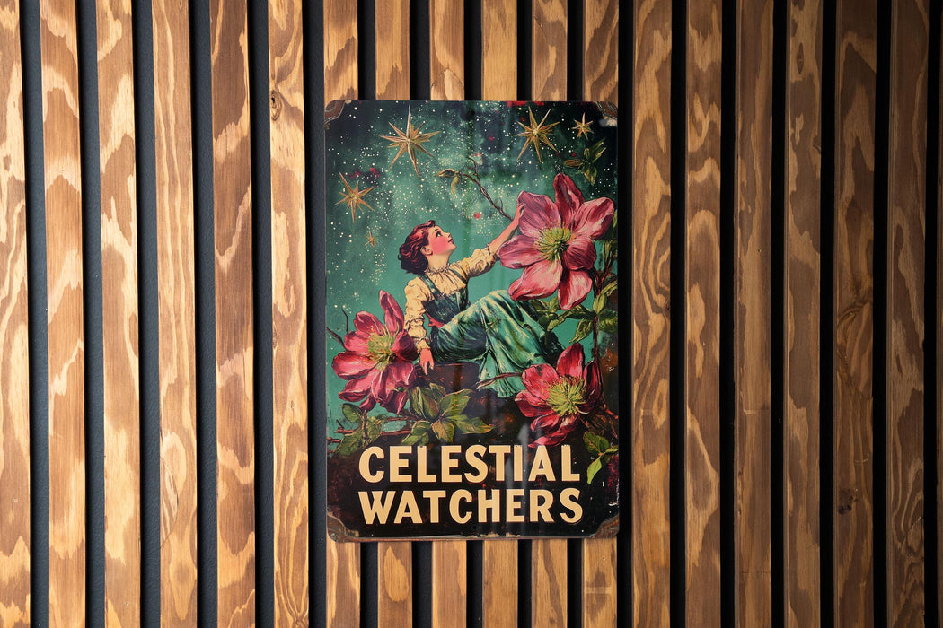 a poster of a woman holding a flower on a wooden wall