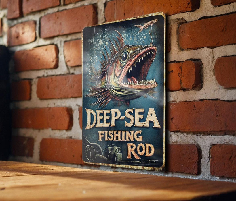 a sign on a brick wall that says deep sea fishing rod
